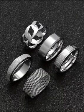 Men's Silver Stainless Steel Ring Set - Modern Multi-Style Bands Size 8
